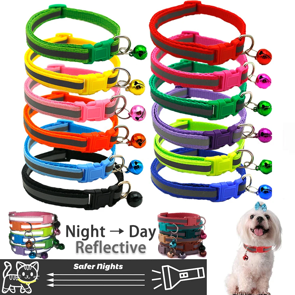 Reflective Neck Ring Necklace Dog Collar Adjustable Pet  Cat Collar with Bell Colorful for Kitten Puppy Chihuahua Bulldog 6 Pcs