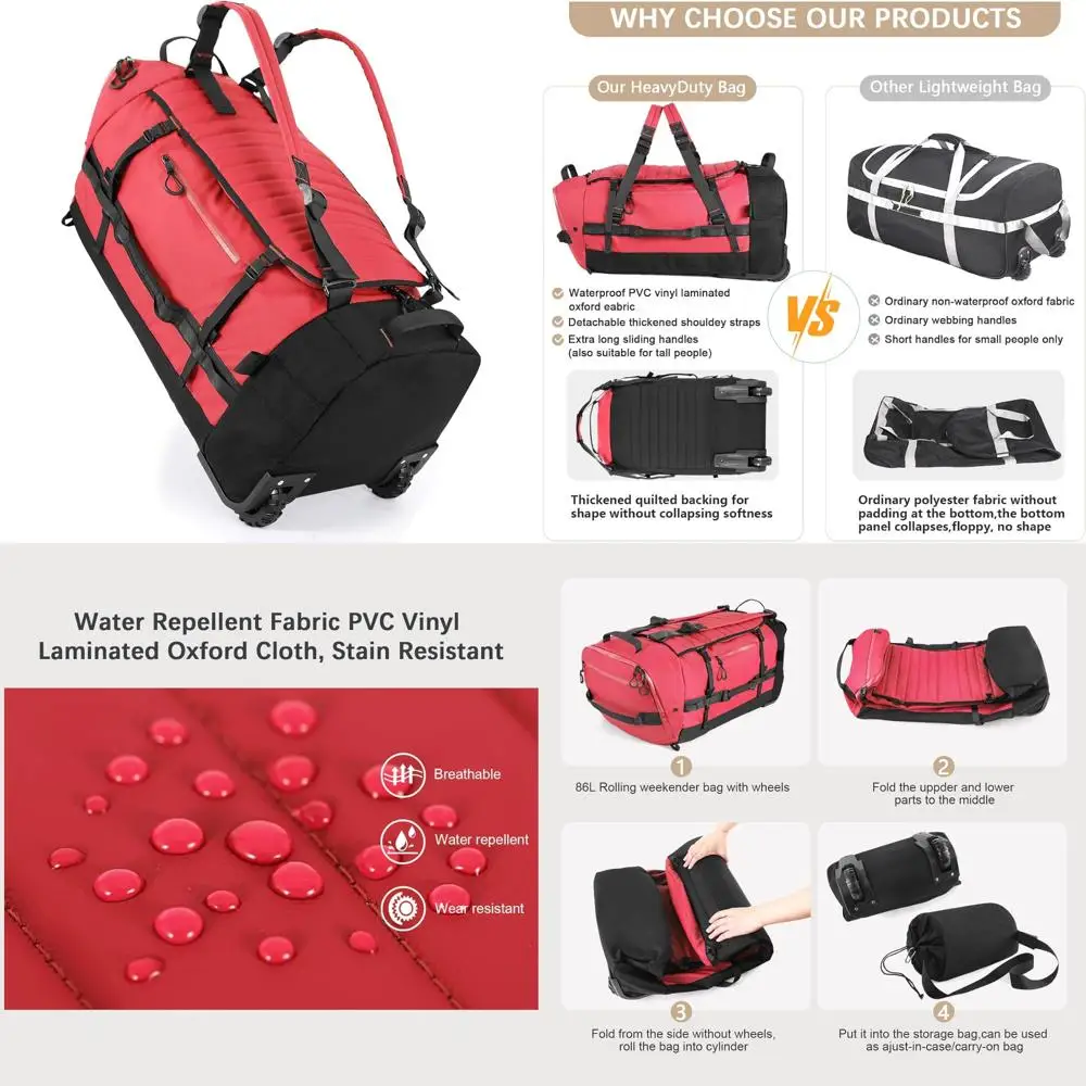 

Luggage Rolling Duffle Bag 86L with Wheels, 30 Folding Backpack, Travel Bag with Shoe Compartment, Red