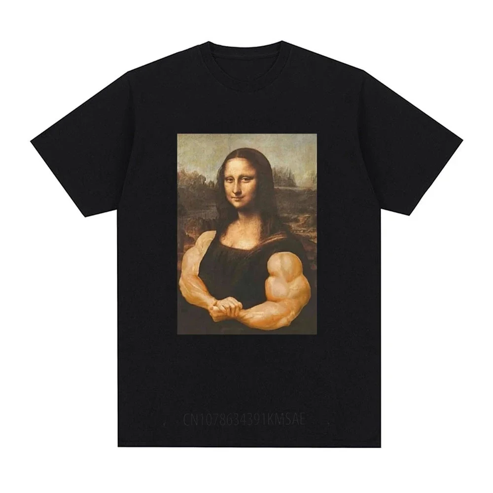 Funny Mona Lisa Fitness T-shirt Muscles Gym Casual Graphic Short Sleeve T-shirts Unisex Fashion Cotton Casual Oversized T Shirt