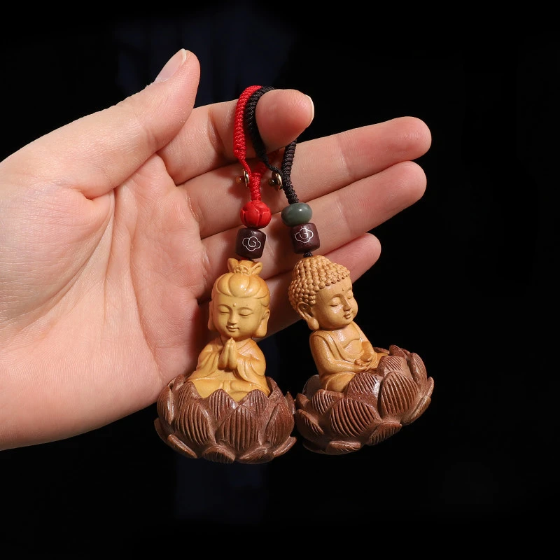 Fashion Ethnic Style Natural Solid Wood Carving Pendant Keychain  Key Ring Guanyin Buddha Lotus Seat Originality Accessory Gift