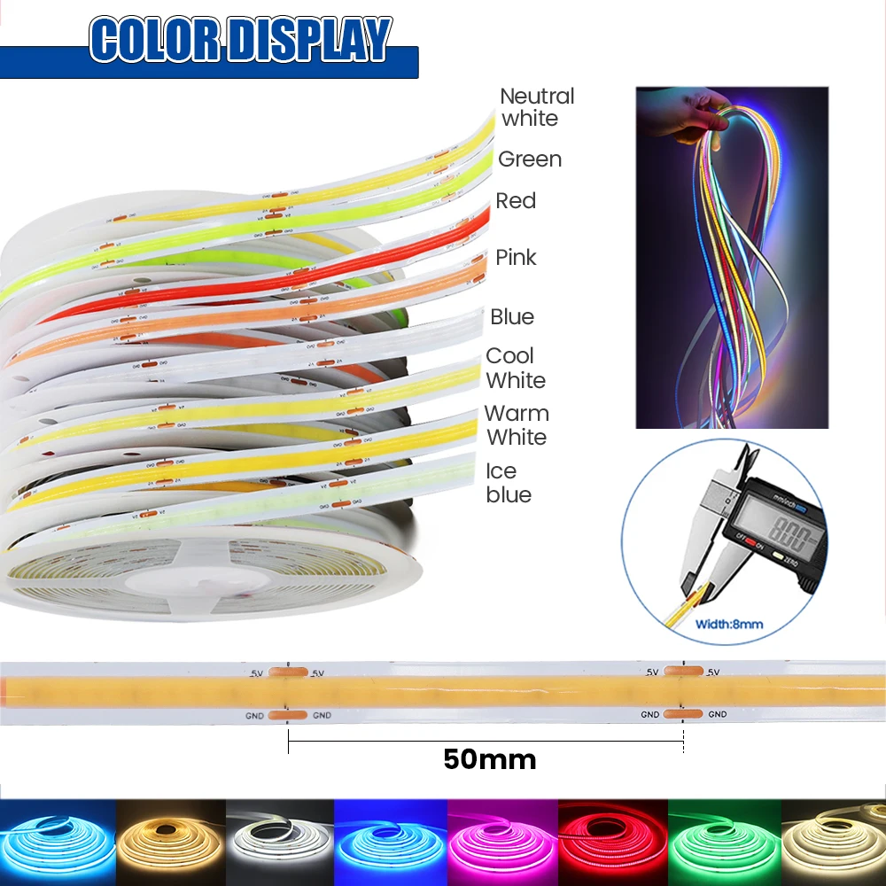 Pasek COB LED DC5V zasilany przez USB, 320LED/m, RF, zdalna regulacja ściemniania, COB światła RA 90, ciepły biały niebieski zielony czerwony różowy