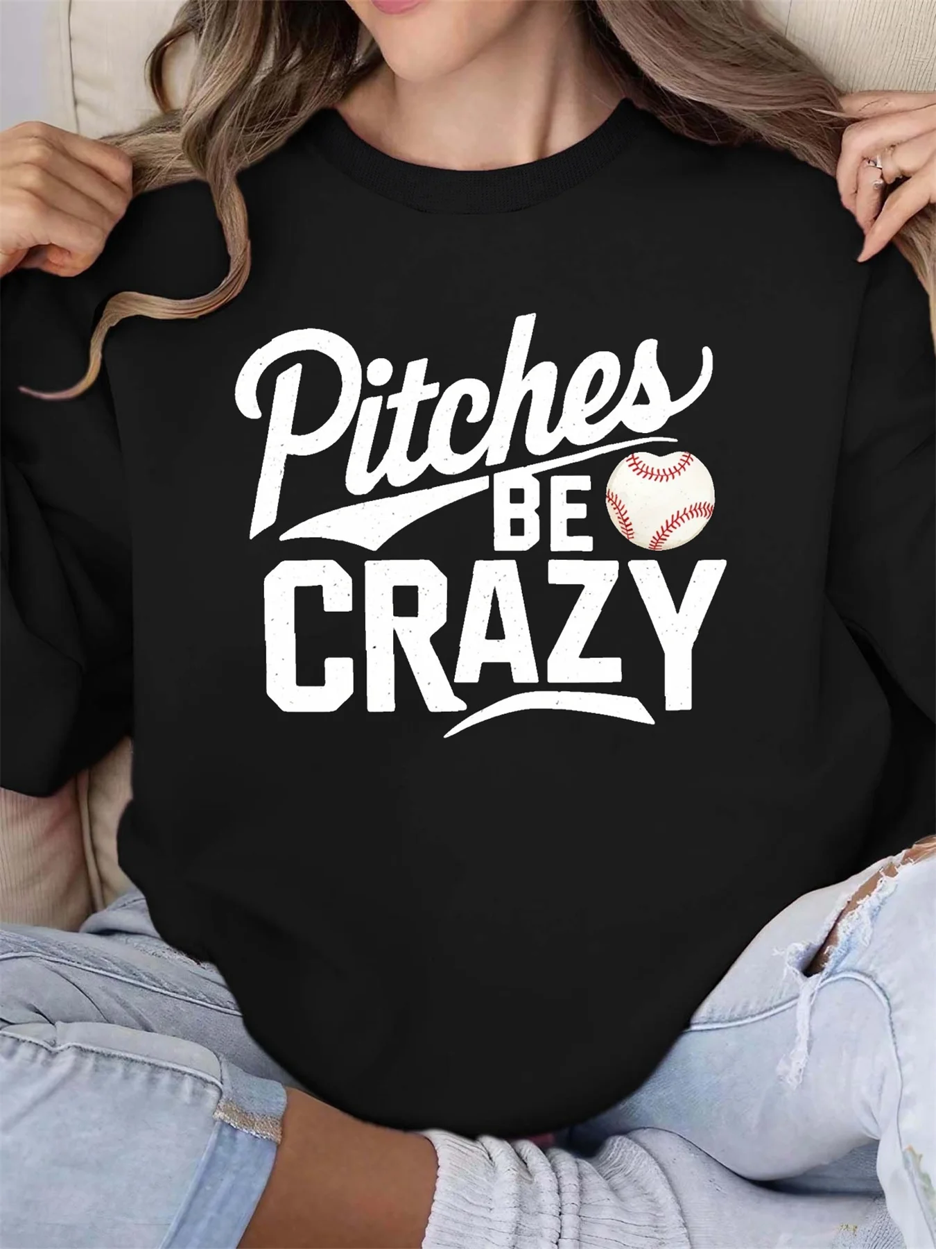 Women's autumn and winter loose casual comfortable baseball pattern printed velvet long sleeved round neck hoodie pullover
