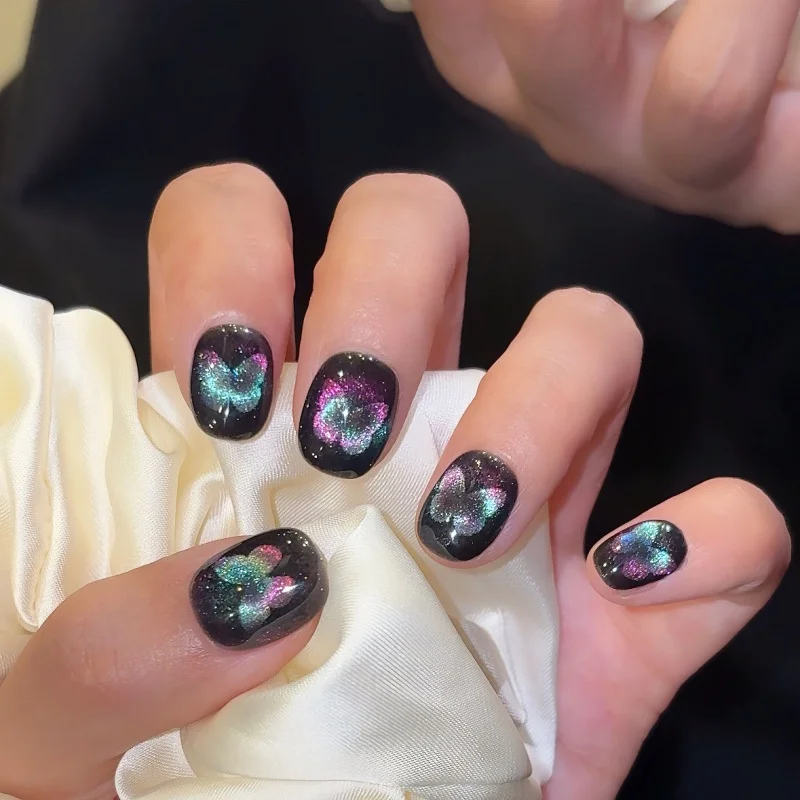 10Pcs Handmade Nails Hollow Cat Eye Black Dreamy Starry Sky Glitter Press-On Nail Tips Perfect for Gifting to Girls and Friends
