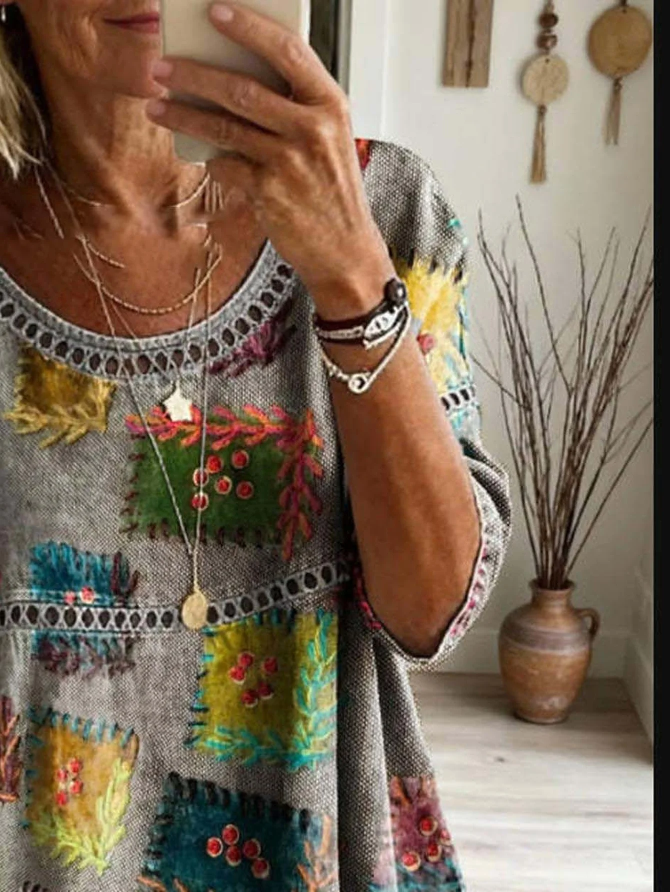 Women Plus Size Blouse 3D Patchwork Print Loose Fit Long Sleeve Casual Boho Tunic Top view 3