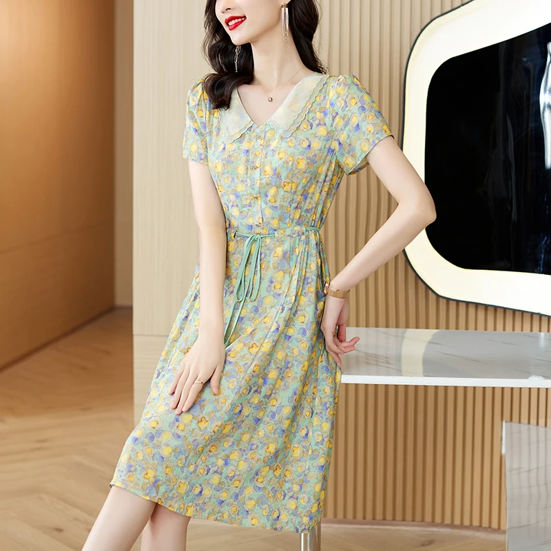 

2023 New Fashion Silk Printed Dress Women's Summer Fragmented Loose Fit Short Sleeve Casual Vacation Dress Vestidos