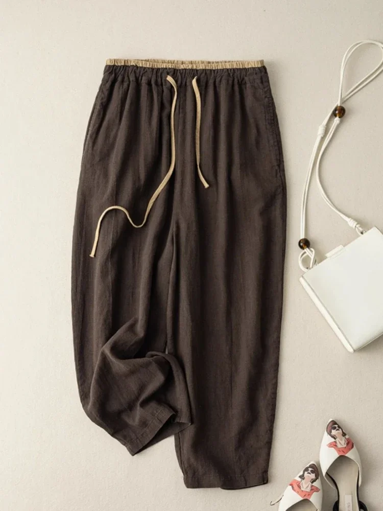 Summer Retro Cotton Linen Loose Harem Pants Elastic Drawstring Waist Casual Pants Basic Versatility Wide-leg Ankle-Length Pants