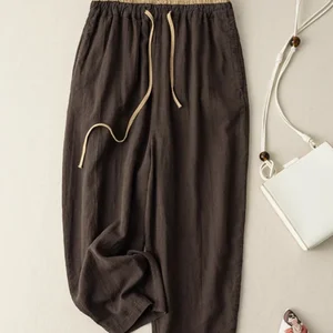 Sommer Retro -Baumwollwäsche Lose Harem Elastic Hosen Schnur Taille Freizeithose Vielseitigkeit Basis Beinhosen 6 Hauptverkäufe Frauenhose des Schlaganfalls - №4