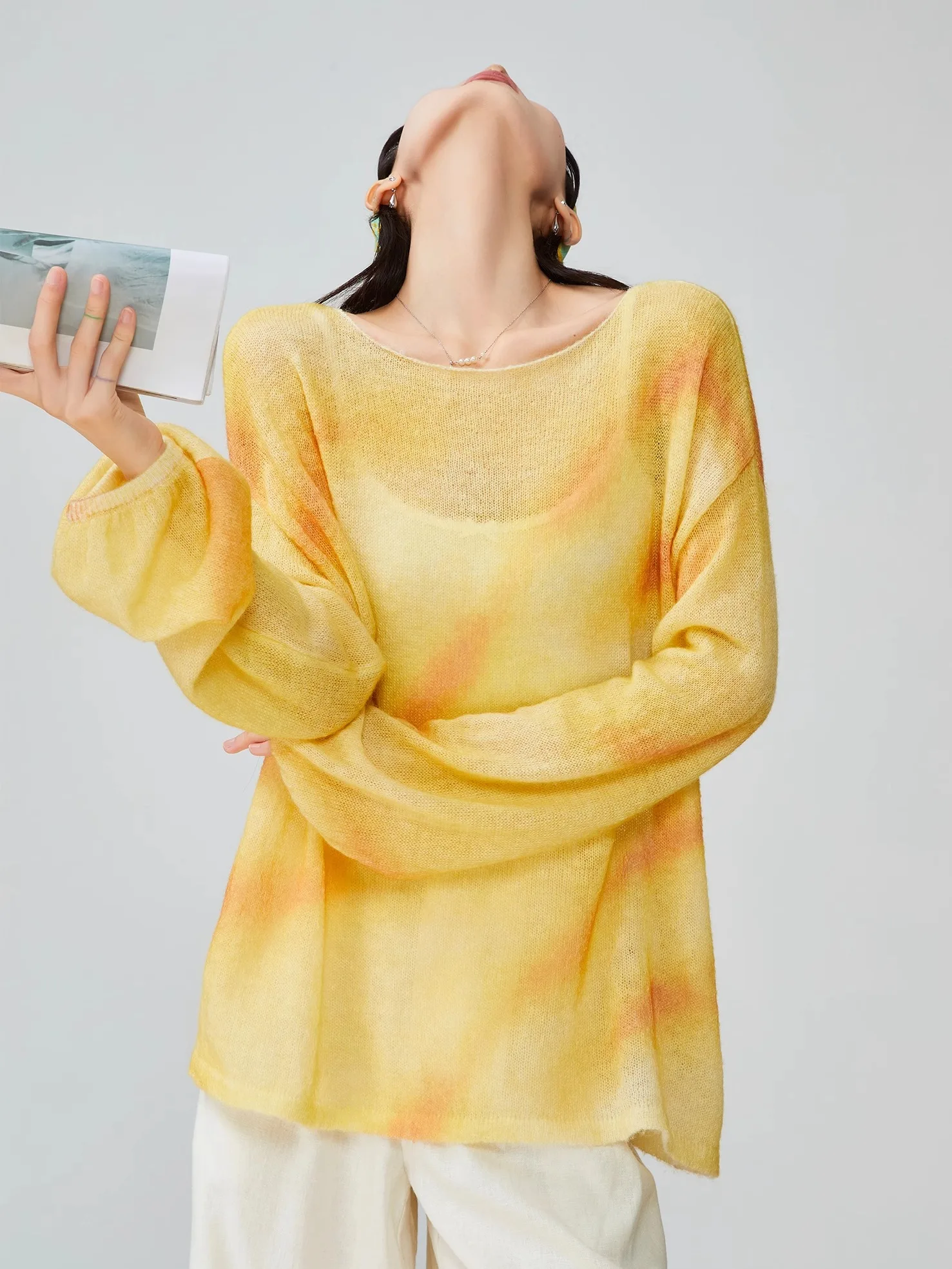 

Желтый вязаный топ с длинным рукавом, женский, тонкий, весенний, новый, в корейском стиле, повседневный, модный, из полиэстера, с круглым вырезом