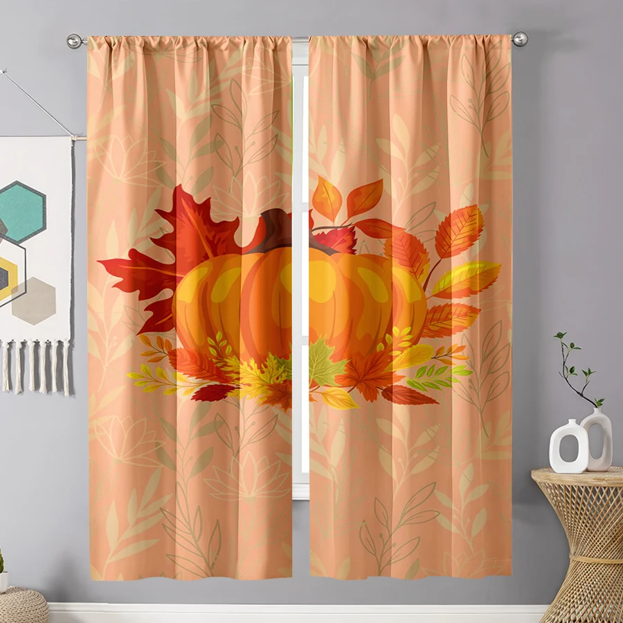 2PCS Digital Print Curtain, Large Pumpkin with Fall Leaves, Orange Background Autumn Style for Living Room Bedroom Decor