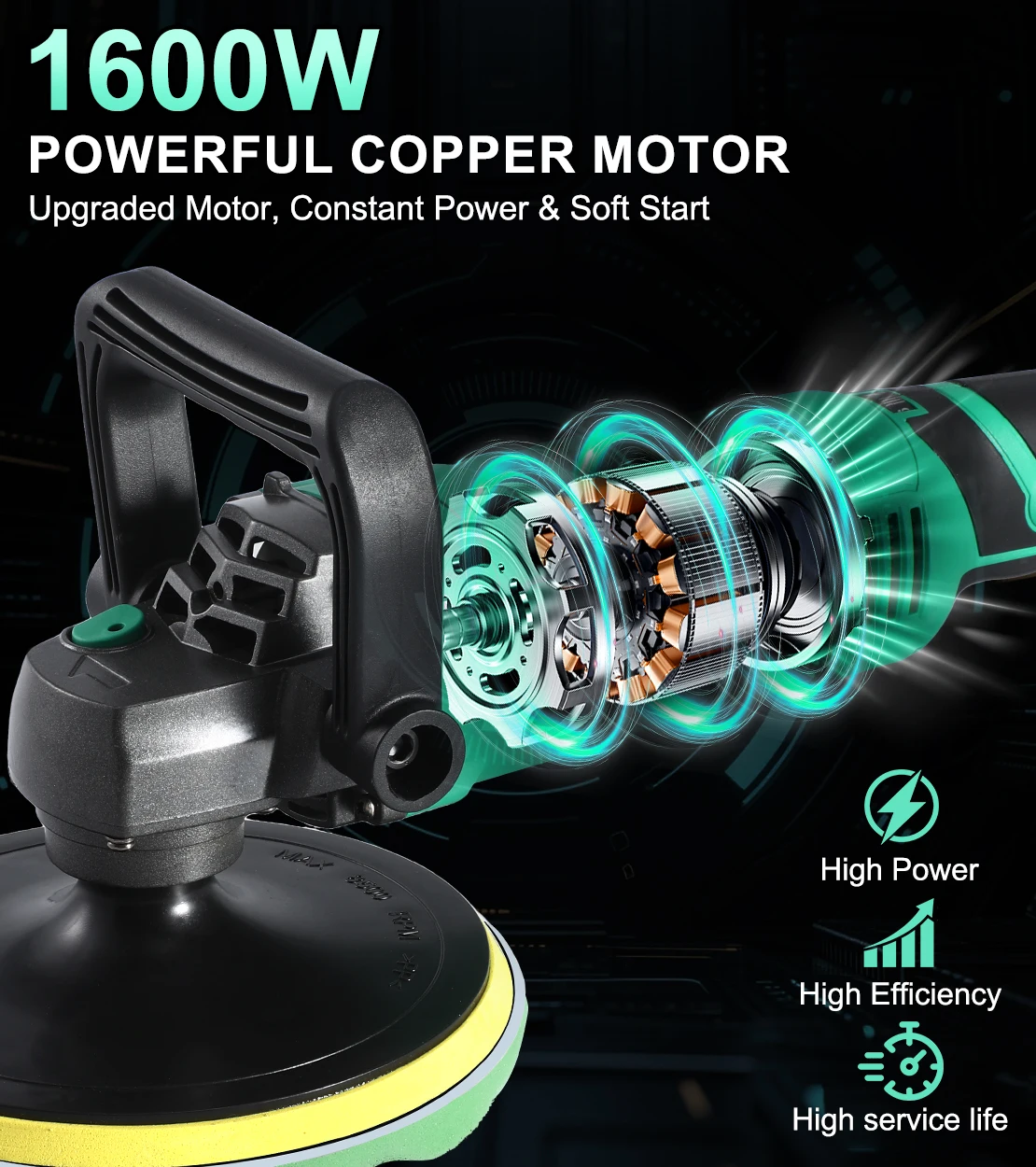 Electric 110V 1600W Corded Polisher 6/7 Inch Pure Copper Motor 7 Variable Speeds (1000-3500 RPM)