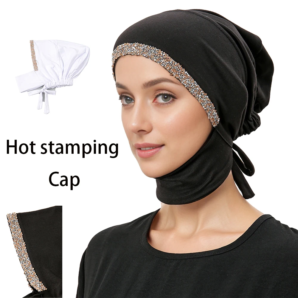 Diamond Instant Hijab Muslim Women Plain Hot Stamping Elastic Cap Modal Cotton Inner Turban Female Stretch Strap Hat Undercap