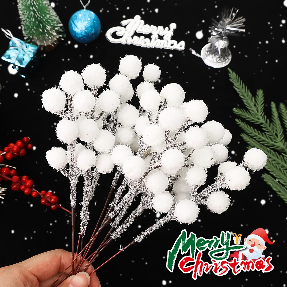 5/100pcs Artificial White Berry Stem Frosted DIY Fake Berries Wreath Xmas Tree Ornament Christmas Snow Tipped Branches Crafts