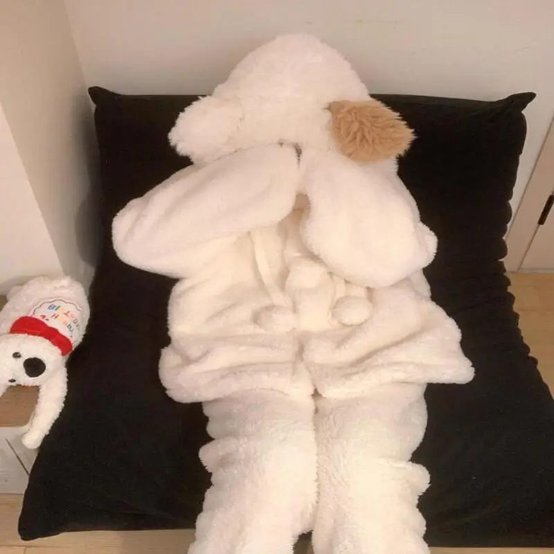 

Thickened and Fleece Warm Dormitory Korean Version Hooded Coral Pajamas Women Autumn Winter Sexy Pajama Set Fashion Homewear