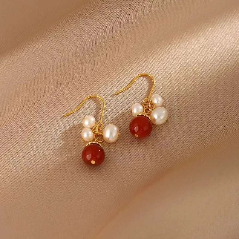 

Minar Chinese Style Red Agate Natural Stone Freshwater Pearl Drop Earrings for Women 14K Real Gold Plated Copper Party Jewelry