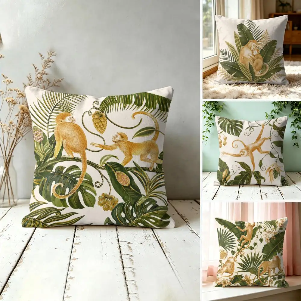 Housse de coussin double face en peluche pour canapé, motif singe jungle tropicale, respirante et biologique, avec fermeture éclair invisible
