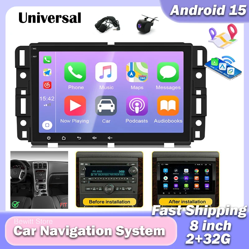 8in IPS Touchscreen Car Screen Radio Player 2+32G Android 15 Car Stereo for Chevrolet Silverado 2007-2018 GMT900/K2XX, for Chevrolet Tahoe 2007-2014 GMT900 with Wireless Carplay Android Auto GPS WiFi Bluetooth SWC Mirror Link Split Screen
