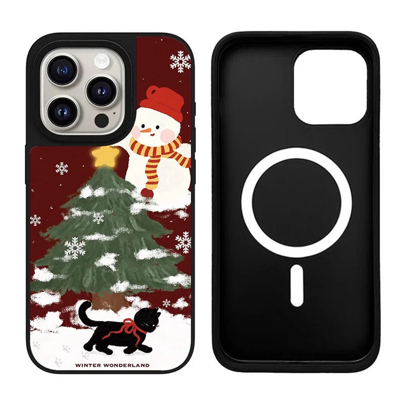 Christmas Tree Snowman Black Silver Border iPhone 12 13 14 15 16 Pro Max Mirror Surface MagSafe Case Cover Shell