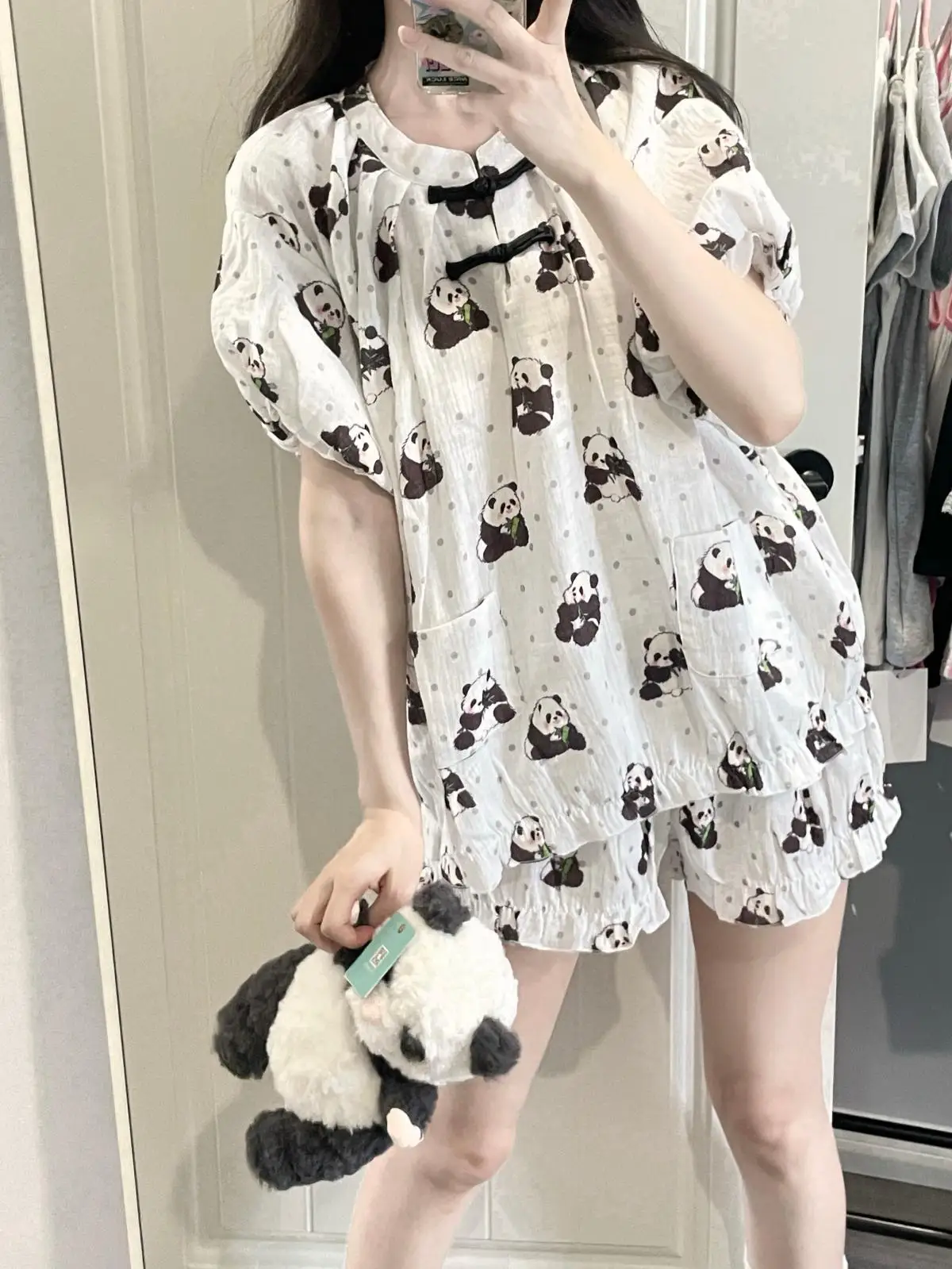 Original Panda Chinese Style Knot Button Pajamas Bubble Sleeves Polka Dot Loungewear Bud Shorts Female Cute Cotton Two Piece Set