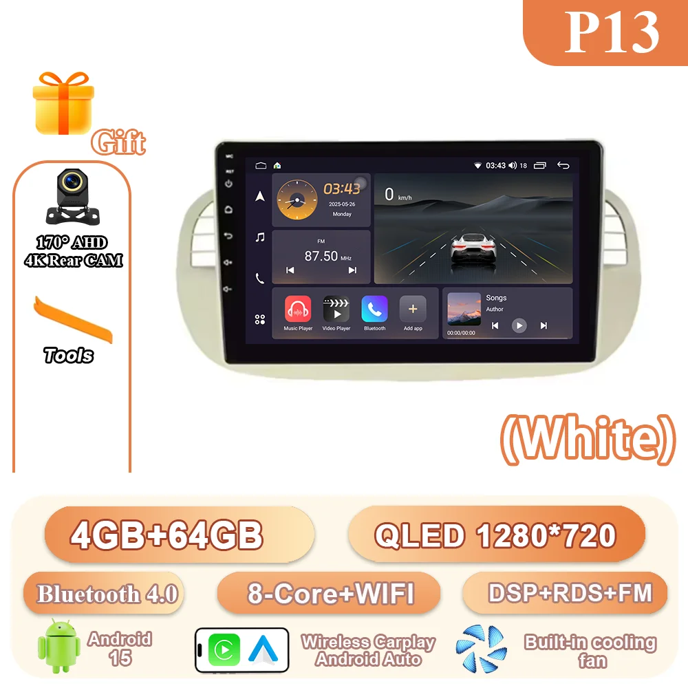 9 ''Android 15 Autoradio Stereo Voor Fiat 500 2007-2015 Auto GPS Navigatie Stuurbediening Multimedia Carplay 4G + WIFI