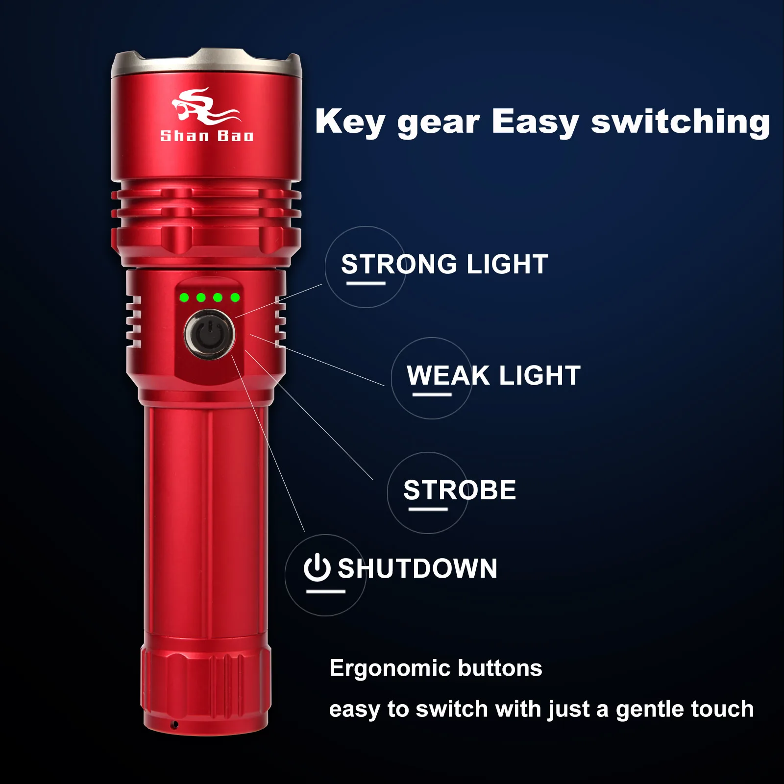 Shan Bao Red Outdoor Camping Ultra-bright Powerful Sturdy Zoomable Flashlight Includes 3000mAh battery No focus lens