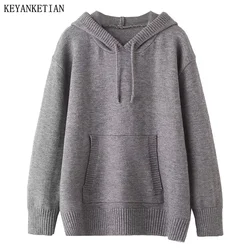 KEYANKETIAN 2024 New Launch Women's Dark gGay Knit Hoodie Unisex style Winter Thick Kangaroo Pocket Tops Oversize Sweatshirts