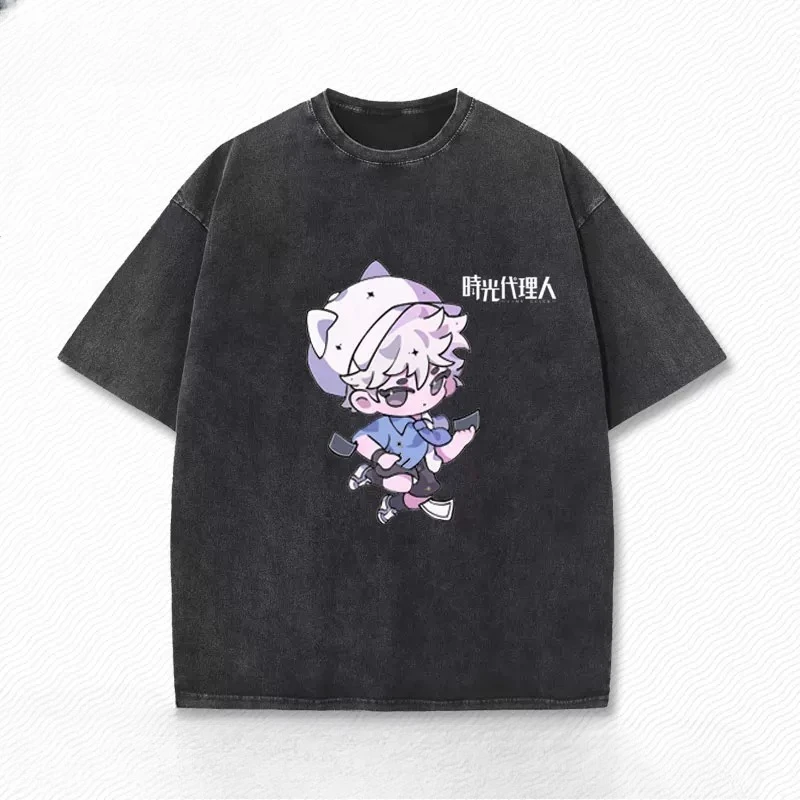 Washed Vintage Anime Link Click Graphic T-shirt Men Women Shiguang Daili Ren T Shirts Male Hip Hop Oversized T-shirts