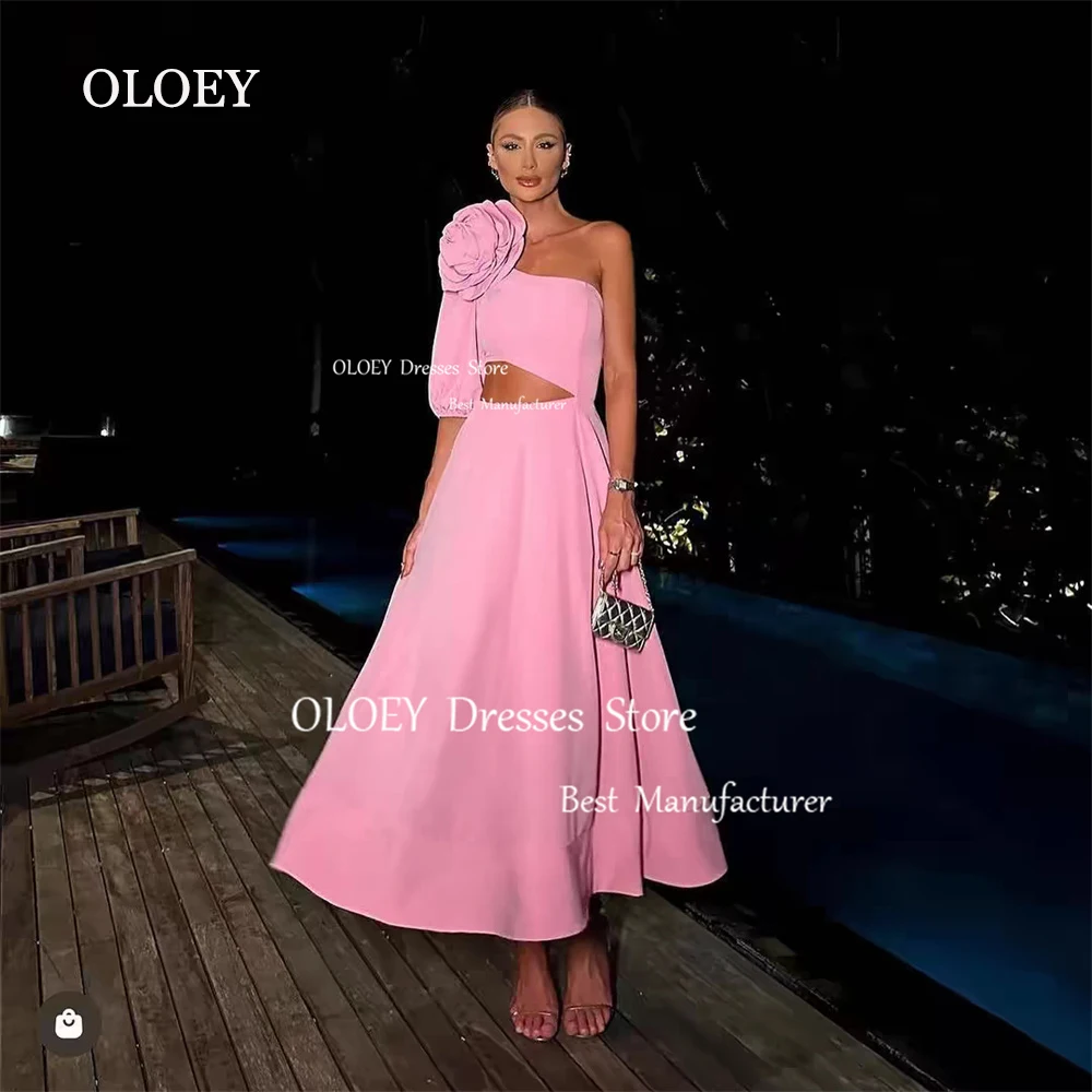 

OLOEY Modest One Shoulder A Line Evening Dress Three Quarter Sleeve Pleats Satin Wedding Party Dress 3d Flower Ankle Length Zip