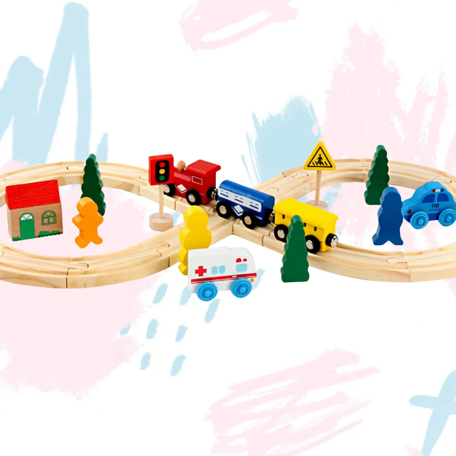 Componentes de vía de tren de madera, juego de vía de tren de haya, juguetes de tren para niños, accesorios de ferrocarril, juguetes de tren de marca compatibles para niños