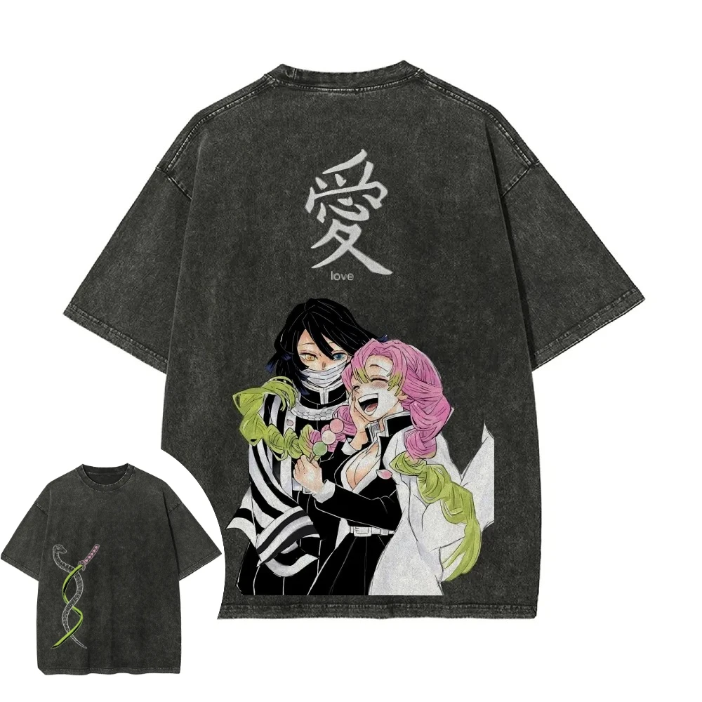 Camiseta Lavada de Demon Slayer para Hombre y Mujer, Mitsuri Kanroji, Obanai Iguro, Camiseta de Anime Retro Desgastada de Manga Corta para Primavera/Verano