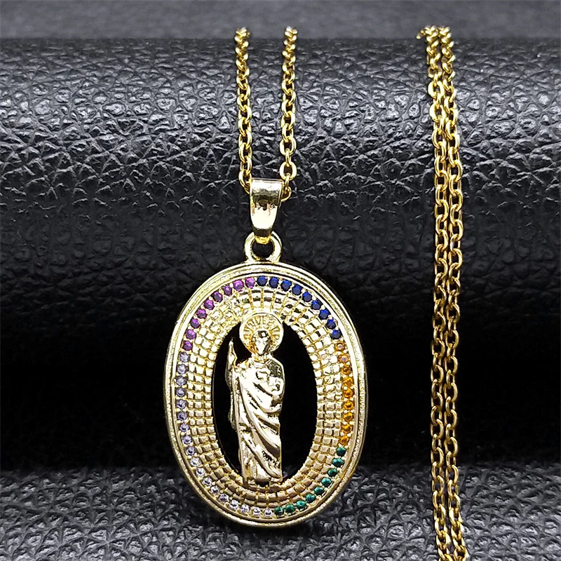 

Catholic San Judas Tadeo Copper Pendant Necklace Stainless Steel Gold Color Female Protection Chain Necklaces Jewelry NXHS01