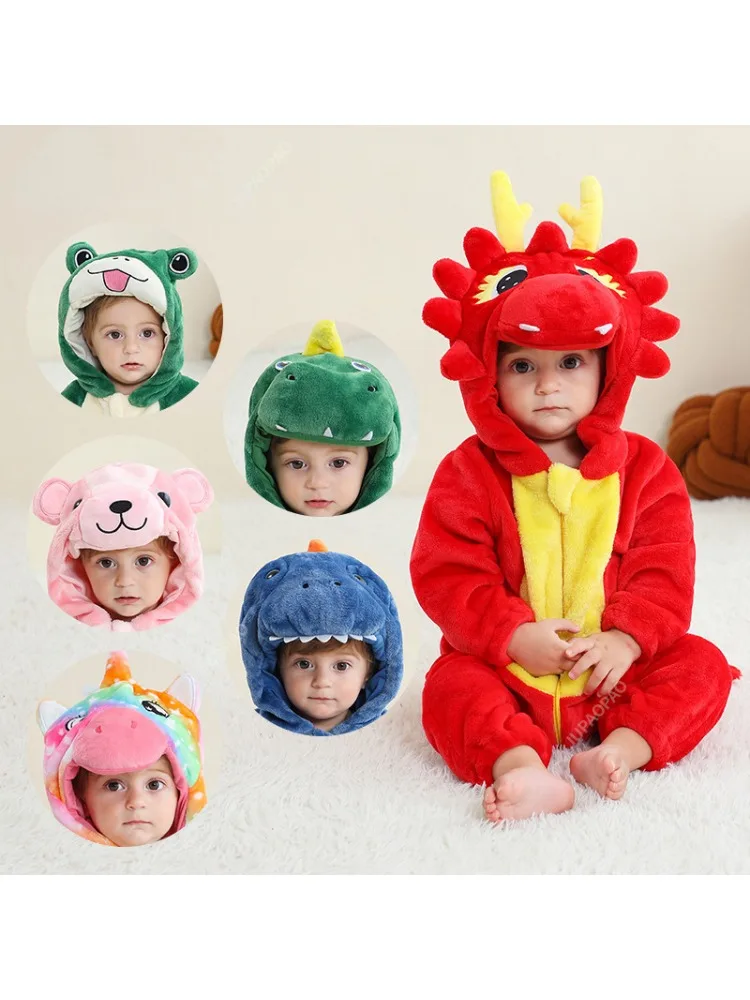 Baby Rompers Winter Costume Flannel Hooded Jumpsuits Baby Clothes 70-120cm Kids Jumper Overall Tiger Lion Rabbit Duck Roupa Bebe