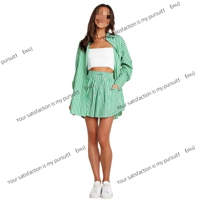 الأوروبية والأمريكية الربيع والصيف مزاجه ركاب عارضة دعوى، قميص الموضة مخطط قطعتين مجموعة