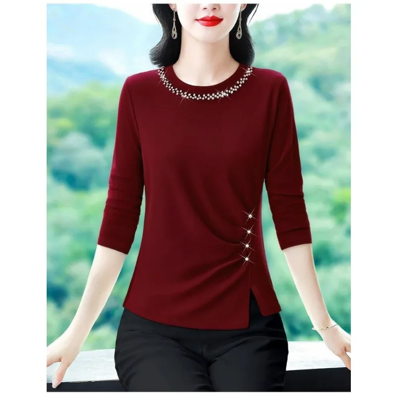 

Осенне-зимний однотонный пуловер в корейском стиле с круглым вырезом и бисером, плиссированная футболка с длинными рукавами и нерегулярным разрезом, топ