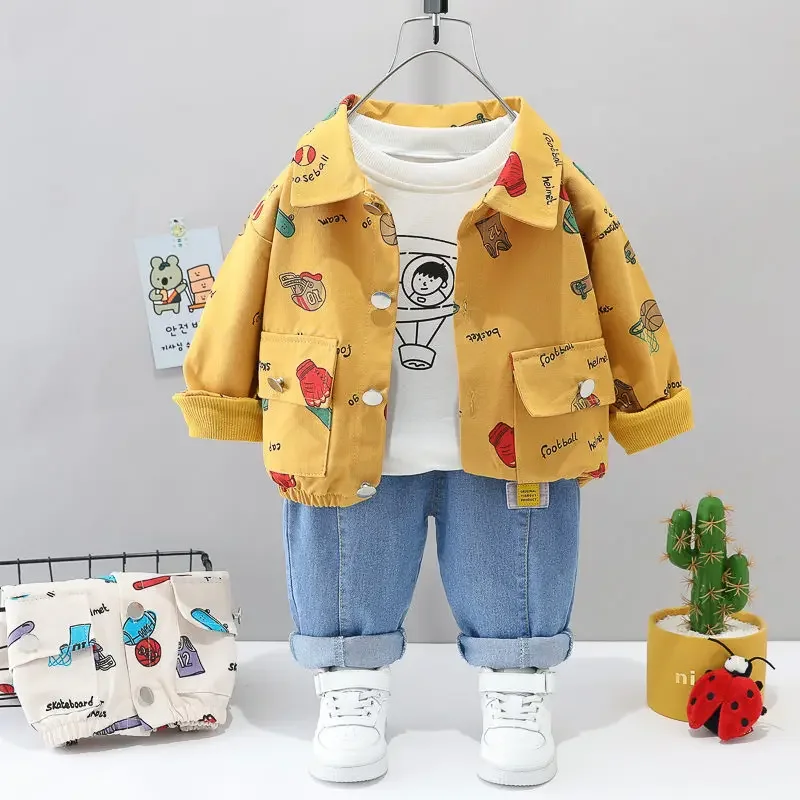 

2024 Spring Kids Boys Clothing Formal Infant Full Cartoon Letter Jacket Shirt Jeans 2Pcs/Sets Kids Cotton Children Leisure Suits