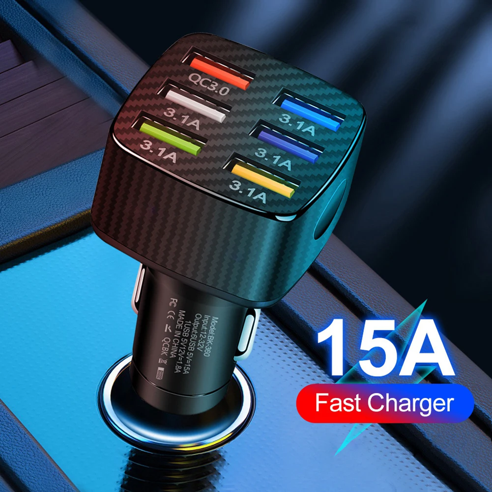 White 6-Port USB Car Charger with LED Light, QC3.0 Fast Charging 15A Smart Car Phone Charger Adapter