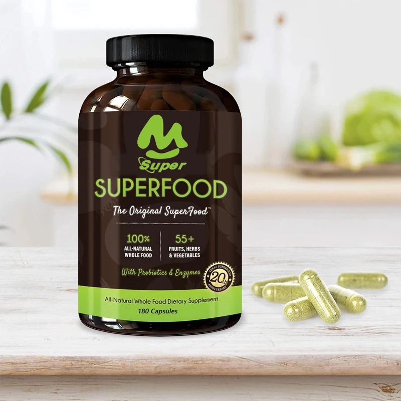 

Superfood capsules, natural whole food dietary supplements, non genetically modified, gluten free soybeans