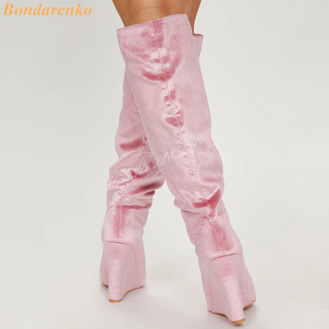 Suede Wedges Pink Boots Pointy Toe Solid Slip On Knee High Boots New Women Thin Shoes Winter Party Luxury Party Big Size Shoes