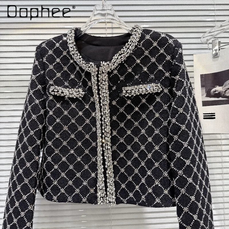 

High-end Light Luxury Socialite Tweed Coat Autumn Fashion Heavy Craft Plaid Rhinestone Beaded Round Neck Loose Short Coat Top