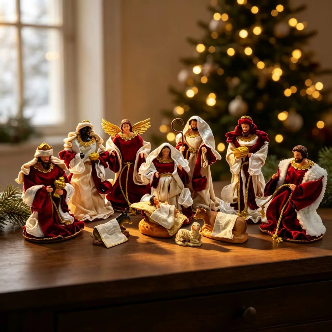 Christmas Decor Set 11pcs, Fabric Resin Home Decorations, Festive Scene Ornaments, Holiday Table Centerpieces, Xmas Mantel Decor