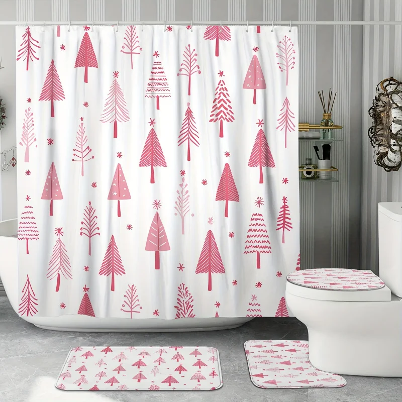 

4 шт., набор зимних занавесок для рождественской елки, простая розовая, белая занавеска для душа, водонепроницаемая, из полиэстера, моющаяся для Xma