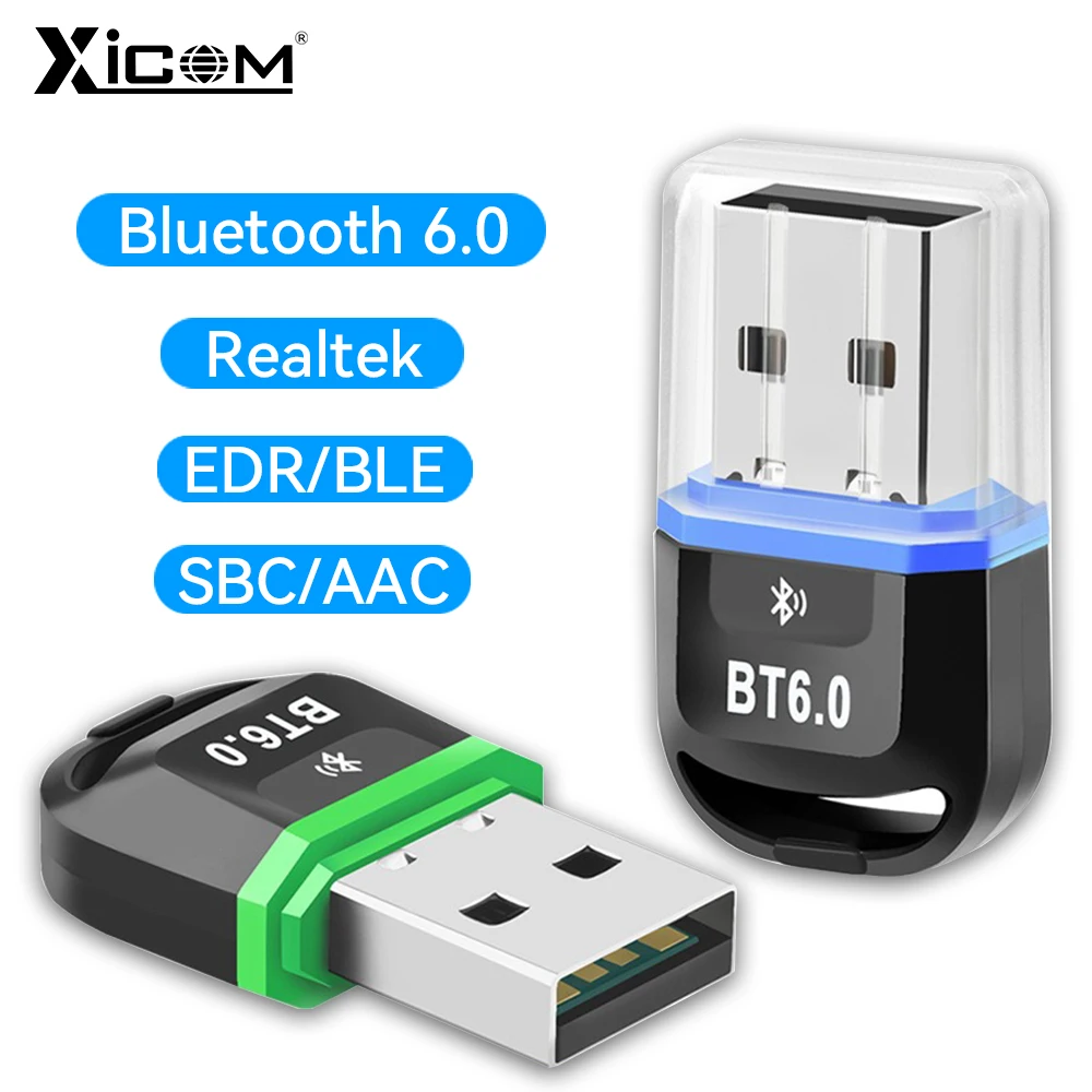 Xicom Bluetooth 6.0 Adapter Driver-Free USB Bluetooth Receiver Transmitter for PC Laptop Headphones Speaker Mouse Keyboard 20M