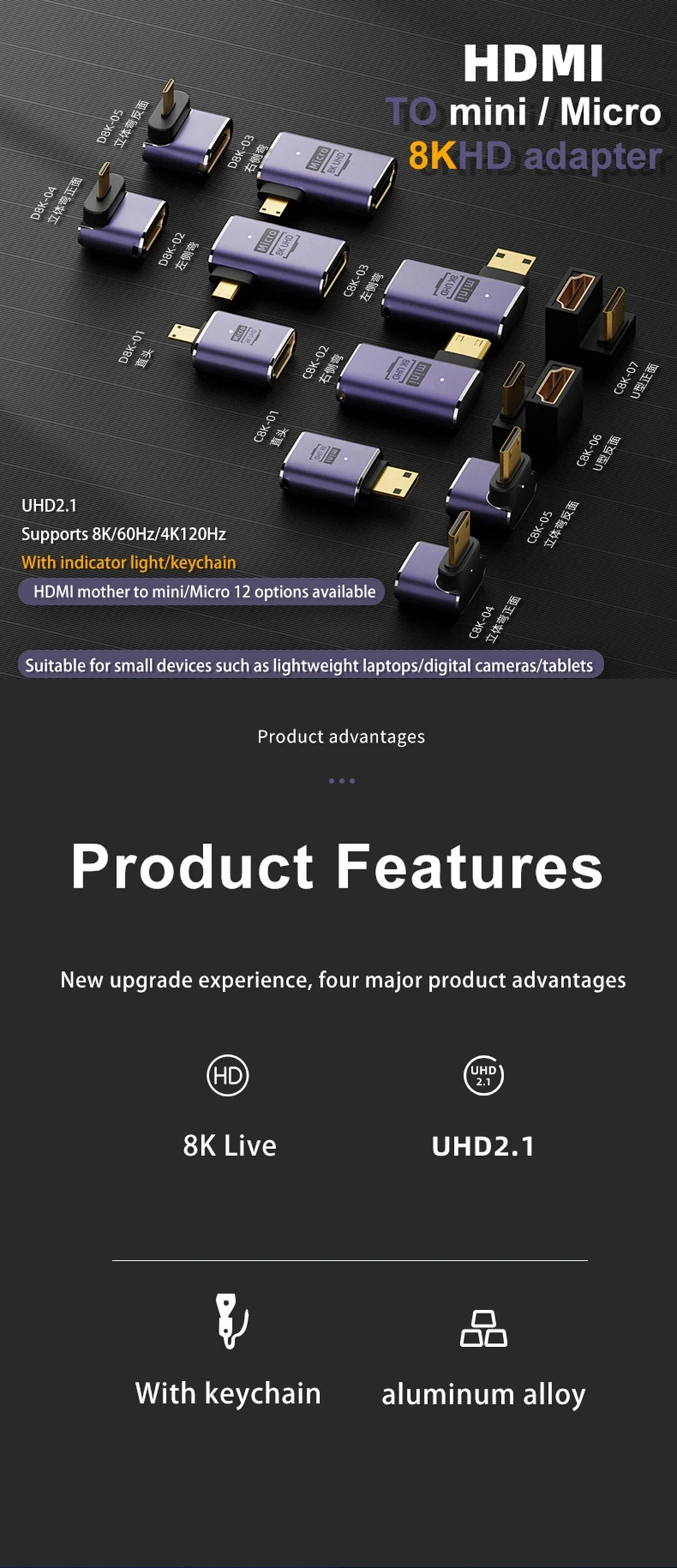 Mini HDMI 360 Degree U-shaped gender Adapter 180 Mini HDMI Male to HDMI Female Angled L Converter 8K HD 2.1V Extension 4K 60Hz