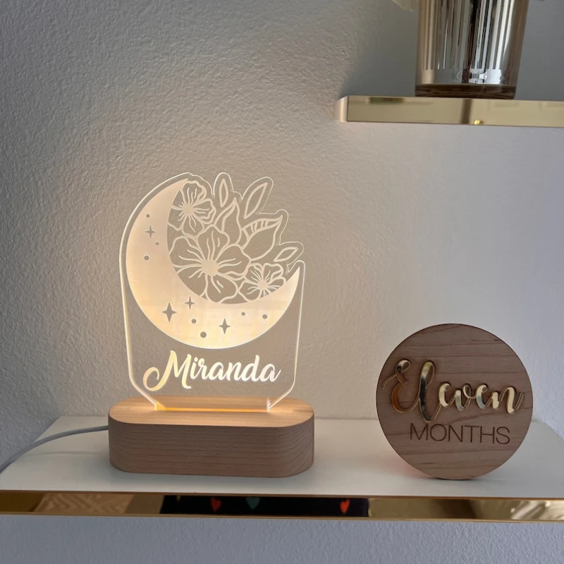 Moon and Flower Custom Name Light Personalized Bedroom LED Cloud Decor Kids Name Nursey Birthday gifts lamp for baby shower