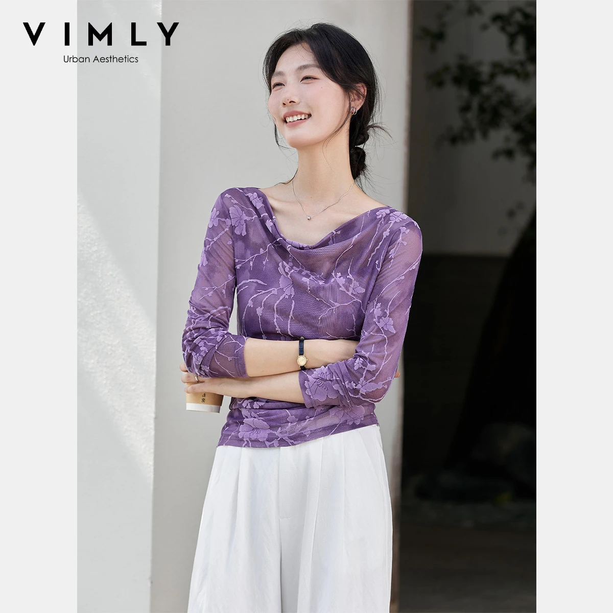 VIMLY امرأة الموضة الأزهار طباعة سوينغ الرقبة تي شيرت عادية محبوك سيدة تيز كم طويل سليم صالح الإناث قمة الخريف 2025 A3061 #3