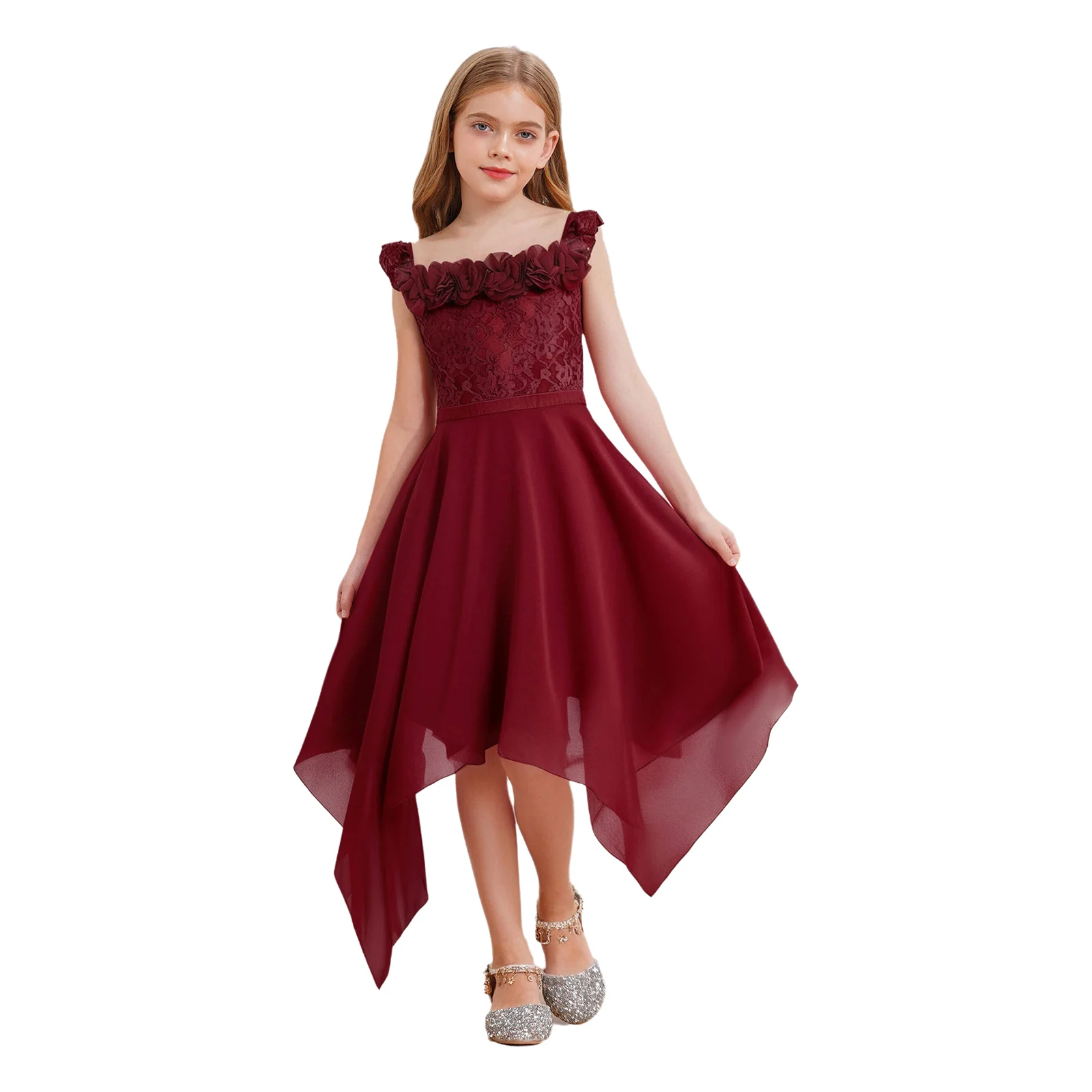 

Flower Girls Lace Embroidery Dresses Summer Applique Chiffon Junior Bridesmaid Wedding Party Dress High Waist Irregular Dress