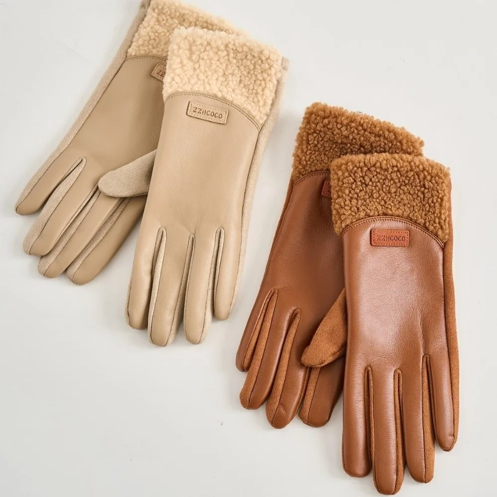 New PU Leather Winter Gloves Touchable Screen Lamb Fleece Driving Mittens Coldproof Warm Full Finger Gloves Gift