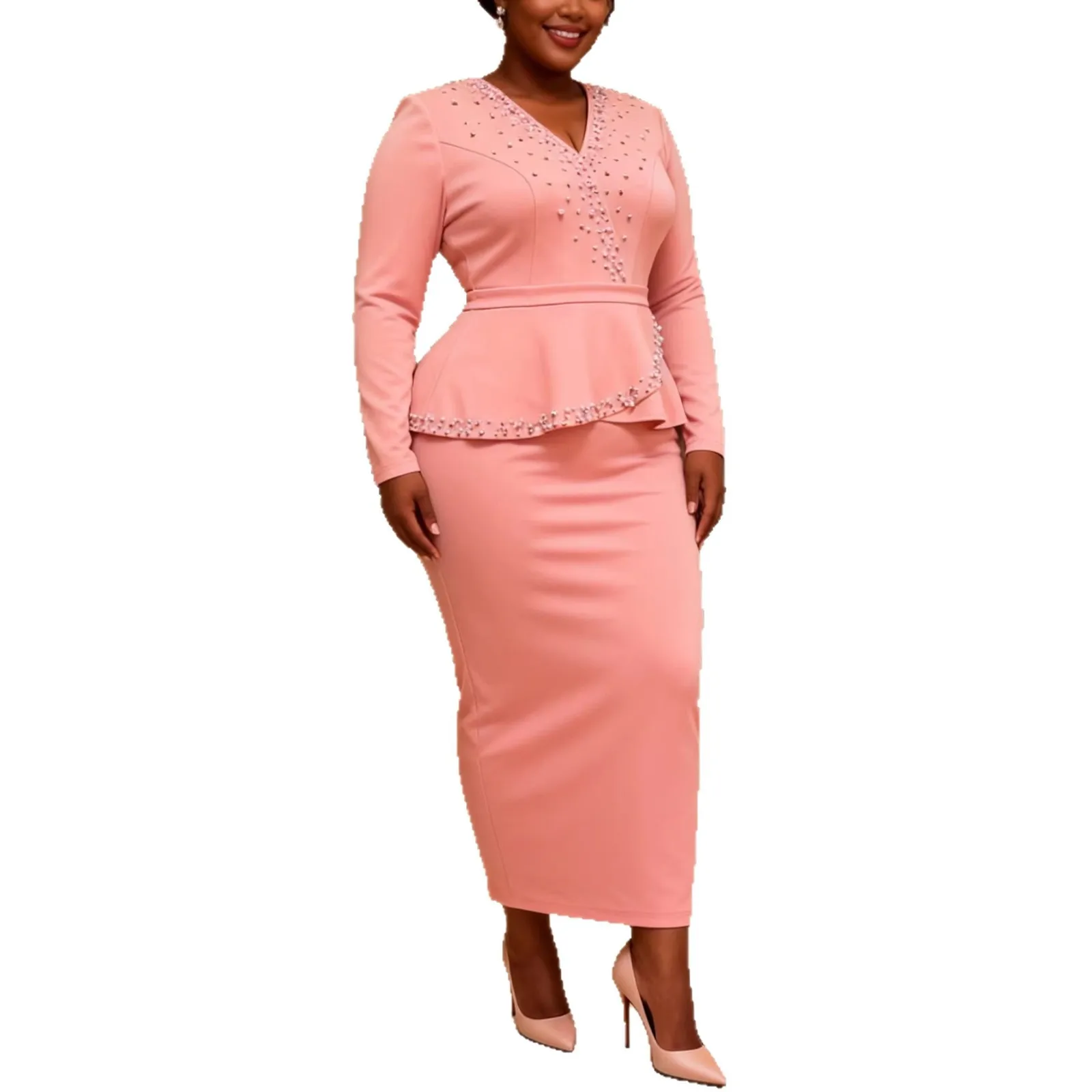 Abito Maxi Elegante da Donna Plus Size Rosa con Peplum, Scollo a V, Strass e Maniche Lunghe, Vestito Aderente per Feste Africane