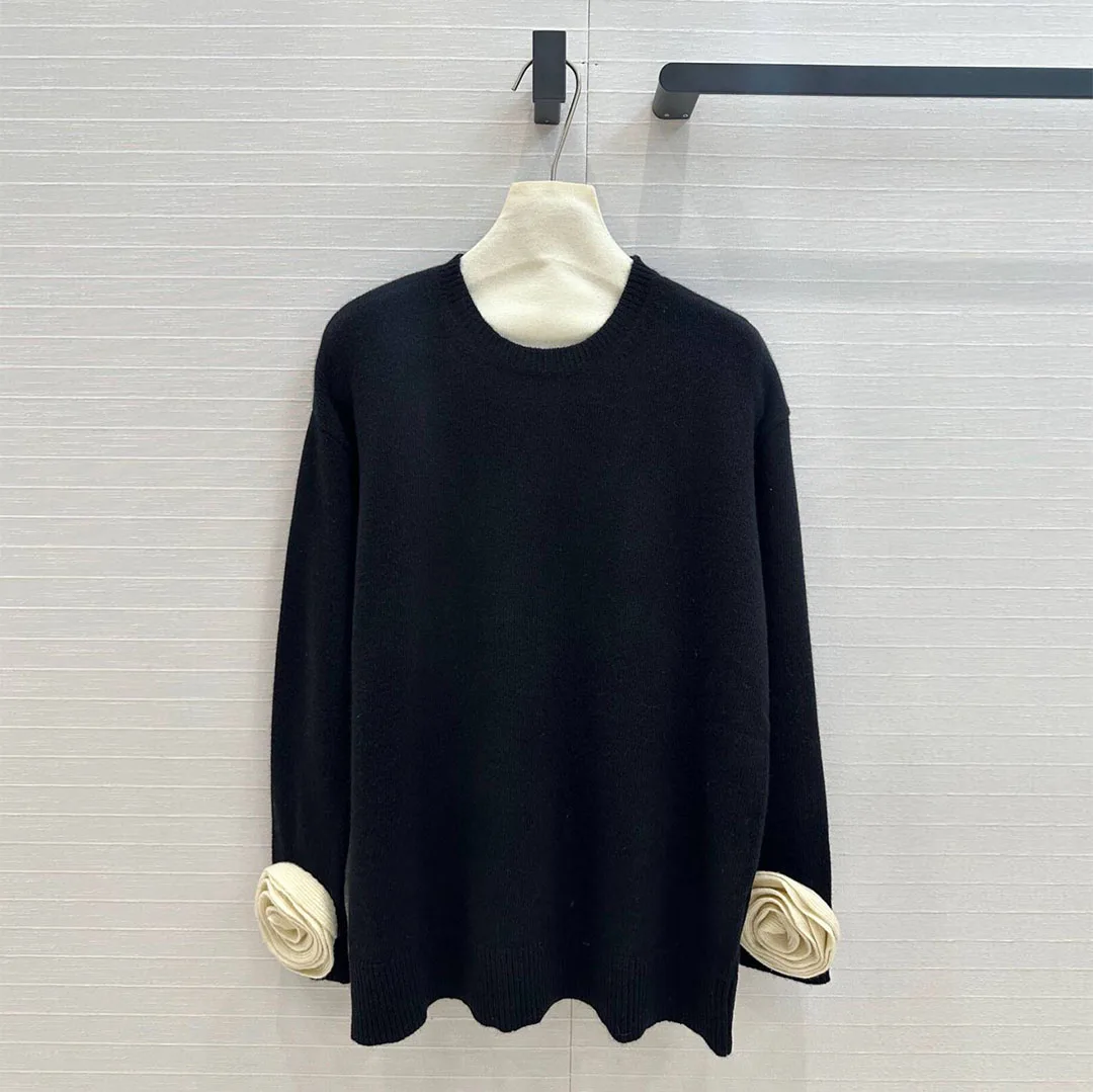 2024 New Autumn Fashion Luxury 100% Wool Knitted Pullover Women Sweet Flower Cuff Long Sleeve Casual Loose Soft Sweater