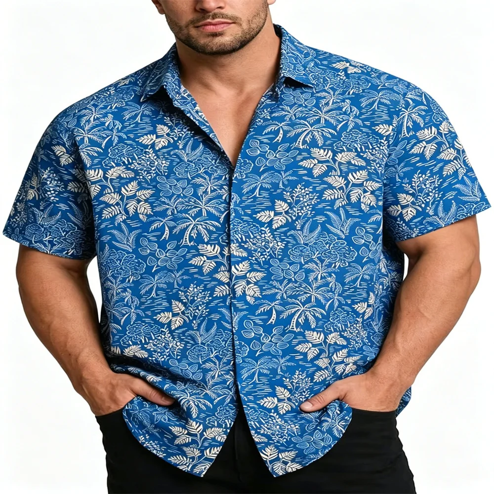 Men Tropical Palm Tree Print Short Sleeve Shirt Camp Collar Loose Fit Casual Hawaiian Holiday Beach Button Down Shirt