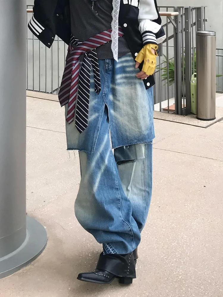 

American High Street Heavy Du Design Sense Hole Denim Jeans Women Spring New Spicy Girl Fake Two-Piece Slimming Floor-Lengt...